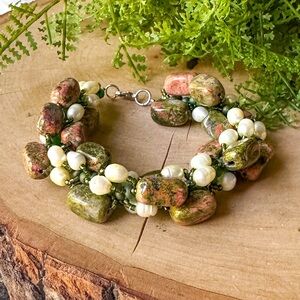 Unakite & Ringed Pearl Chunky Bracelet Glass Seed Bead Multi Strand Vintage